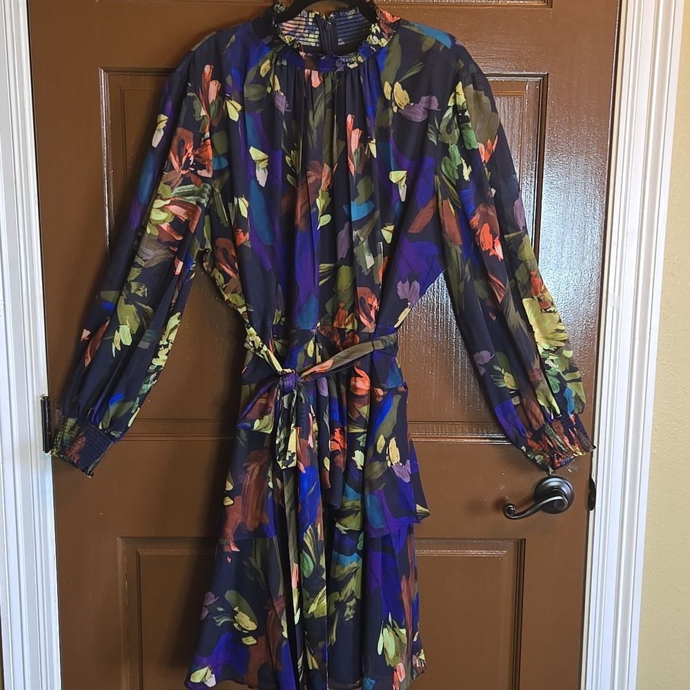 Alex Marie-Navy floral print high neck long sleeved belted flowy dress Sz 22W